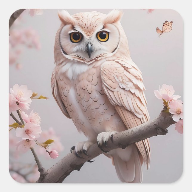 Dreamy Pink Cherry Blüten Owl Quadratischer Aufkleber (Vorderseite)