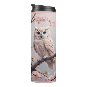 Dreamy Pink Cherry Blüten Owl Thermosbecher