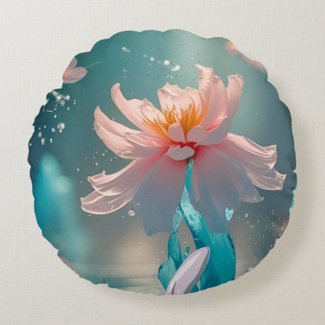 Dreamy Pink Lotus and Butterfly in Aqua Water Rundes Kissen (Vorderseite)