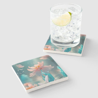 Dreamy Pink Lotus and Butterfly in Aqua Water Steinuntersetzer