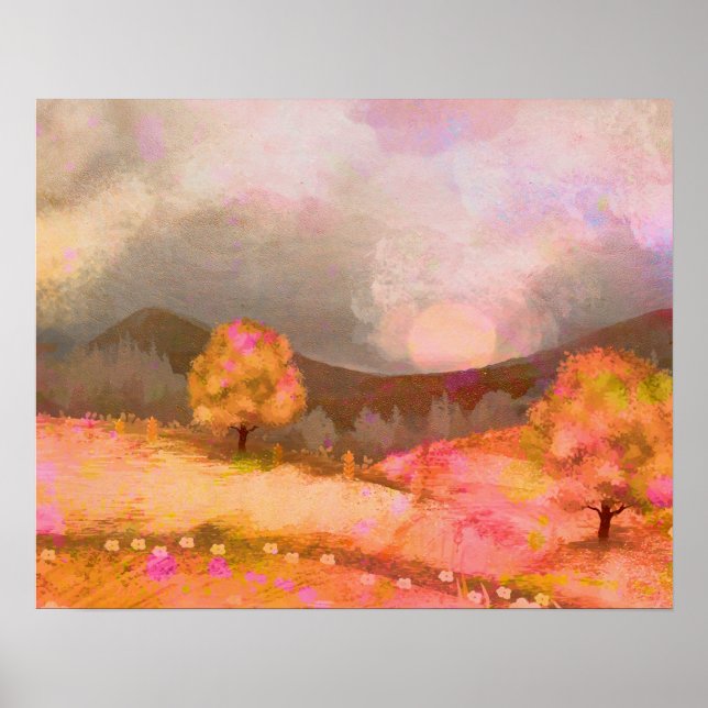 Dreamy Pink Orange Wasserfarbe Landschaft Poster (Vorne)