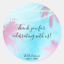 Dreamy Pink Palm Trees & Blue Sky String Lights Runder Aufkleber