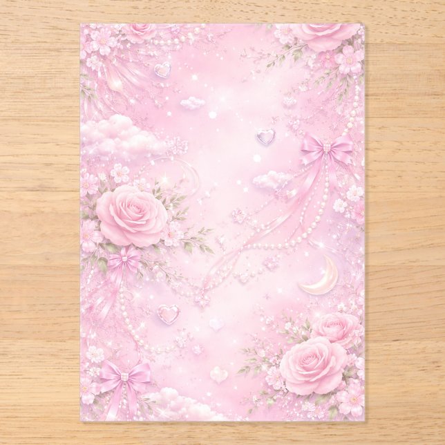 Dreamy Pink Rose Floral Pearls Bows Sparkle Pastel Acryleinladungen (Vorderseite)