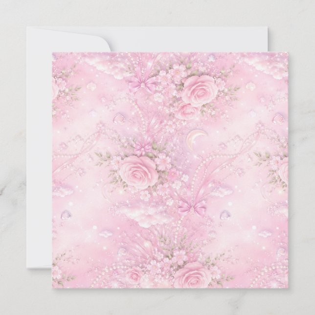Dreamy Pink Rose Floral Pearls Bows Sparkle Pastel Save The Date (Vorderseite)