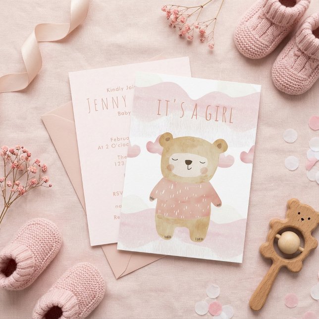 Dreamy Pink Teddy Bear Baby Dusche ist ein Mädchen Einladung (Dreamy Pink Teddy Bear Baby Shower it's a girl Invitation.)