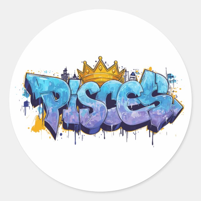 Dreamy Pisces Zodiac Graffiti Airbrush mit Crown Runder Aufkleber (Vorderseite)
