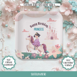 Dreamy Princess Riding Unicorn Square Papierplatte Pappteller