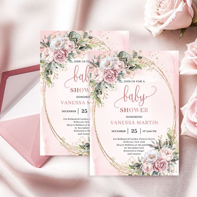 Dreamy Rose Gold Flowers Greenery Girl Baby Shower Einladung (Dreamy Rose Gold Flowers Greenery Girl Baby Shower)