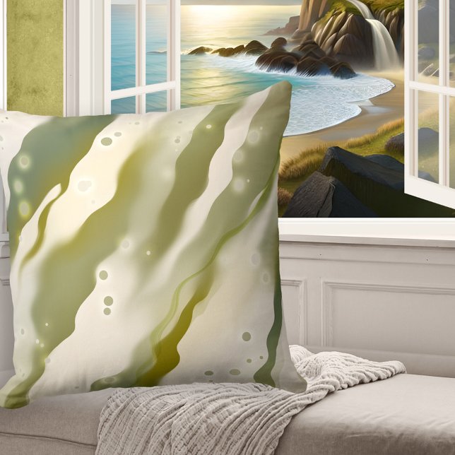 Dreamy Seaweed Abstrakt Green Art Pattern Pillow Kissen (Modern pillow showing a green abstract painting with light sparkles, reminding of seaweed and ocean)