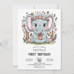 Dreamy Simple Elephant 1. Geburtstag digital Einladung
