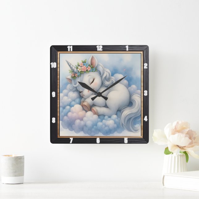 Dreamy Sleeping Unicoron Cloud Quadratische Wanduhr (Zuhause)