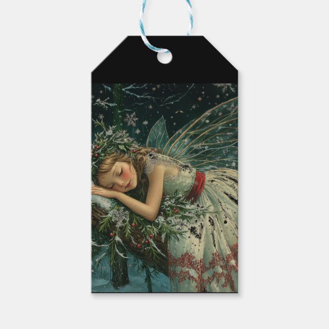 Dreamy Snow Fairy mit Flügeln in Forest Winter Geschenkanhänger (Vorderseite)