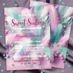 Dreamy Soft Pastel Feathers Sweet 16 Geburtstag Einladung<br><div class="desc">Die Einladung von Sweet 16. Das Design ist mit weichen, pastellfarbenen Federn in Rosa-, Lavendel-, aquamarin- und Weiß-Tönen gestaltet, die auf einem glänzenden rosafarbenen Hintergrund verstreut sind. Die Federn, zusammen mit dem glitzernden Glitzer und schimmernden Perlen, wecken ein Gefühl von Magie und Feier und machen es zu einer idealen Wahl...</div>