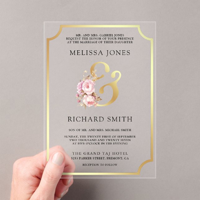 Dreamy Soft Pink Floral Gold Wedding Acryleinladungen (Insitu (Handheld))