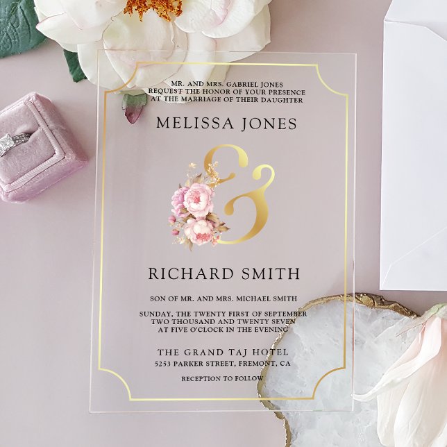 Dreamy Soft Pink Floral Gold Wedding Acryleinladungen (Von Creator hochgeladen)
