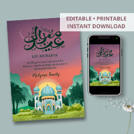 Dreamy Sunset Mosque and Crescent Moon Eid Card Feiertagskarte