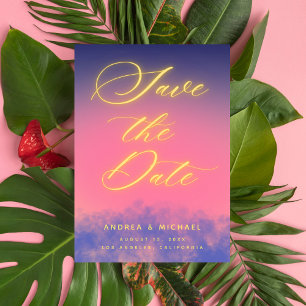 Dreamy Sunset Sky & Neon Foto QR Code Wedding Save The Date
