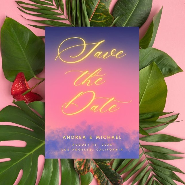 Dreamy Sunset Sky & Neon Foto QR Code Wedding Save The Date (Von Creator hochgeladen)