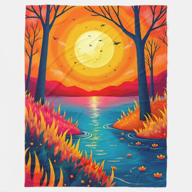 Dreamy Vibrant Sunset Lake Forest Illustration Fleecedecke (Vorderseite)