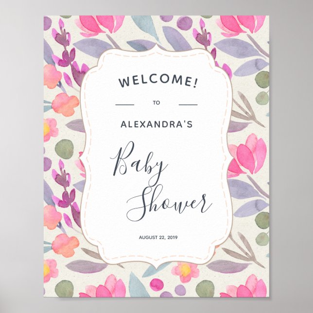 Dreamy Watercolor Floral | Babydusche Begrüßung Poster (Vorne)