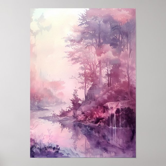 Dreamy Watercolor Forest in Rose Hues Poster (Vorne)