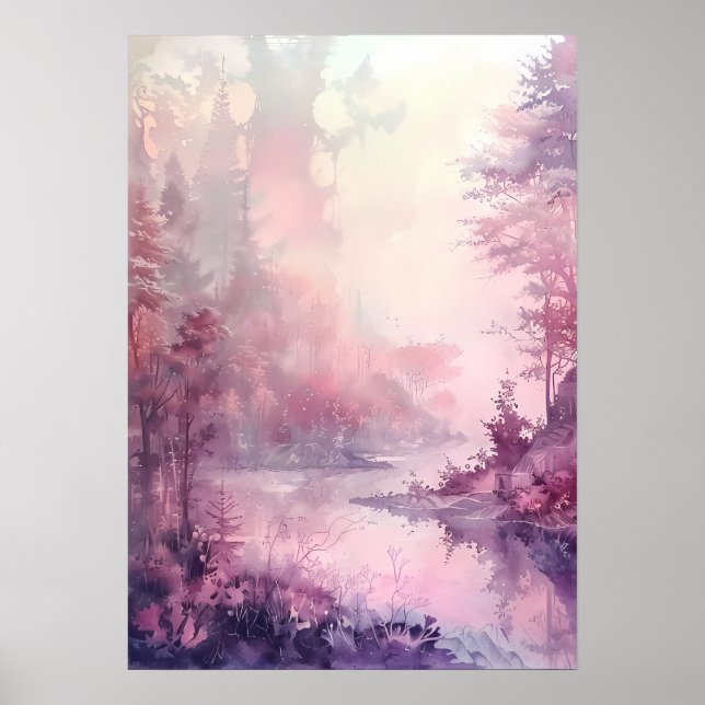 Dreamy Watercolor Forest in Rose Hues Poster (Vorne)