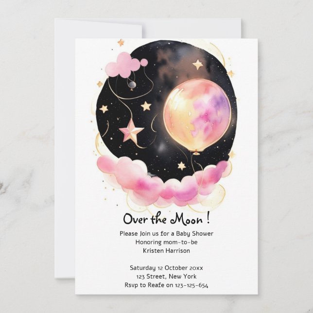 Dreamy Watercolor Kinderdusche: Mond & Stars Einladung (Vorderseite)