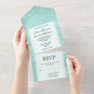 Dreamy White Mint Sparkle Wedding All In One Einladung