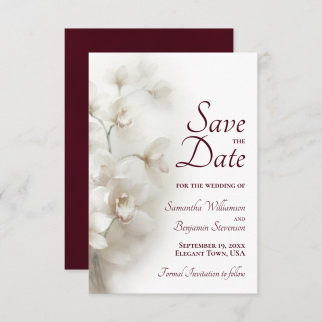 Dreamy White Orchids Burgundy Text Wedding Save The Date (Vorne/Hinten)