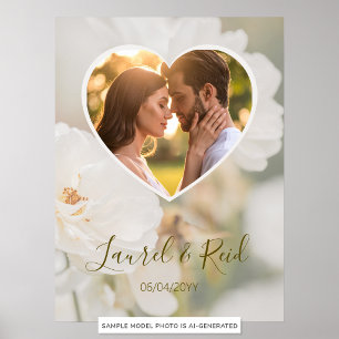 Dreamy White Rose Heart Foto Hochzeitsfeier Poster