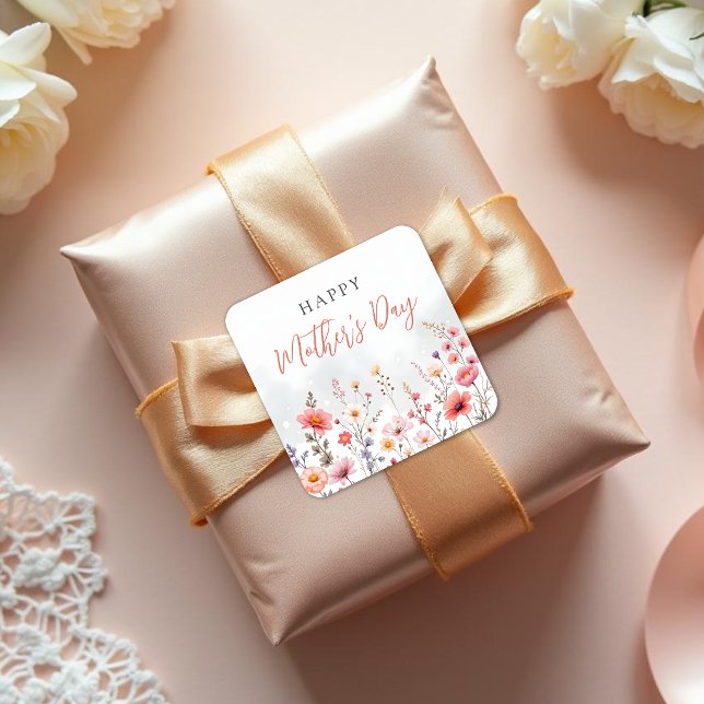 Dreamy Wildflower Happy Mothers Day Garden Floral Quadratischer Aufkleber (Dreamy Spring Wildflower Garden Floral Watercolor Effect Happy Mothers Day Celebration Stickers.)
