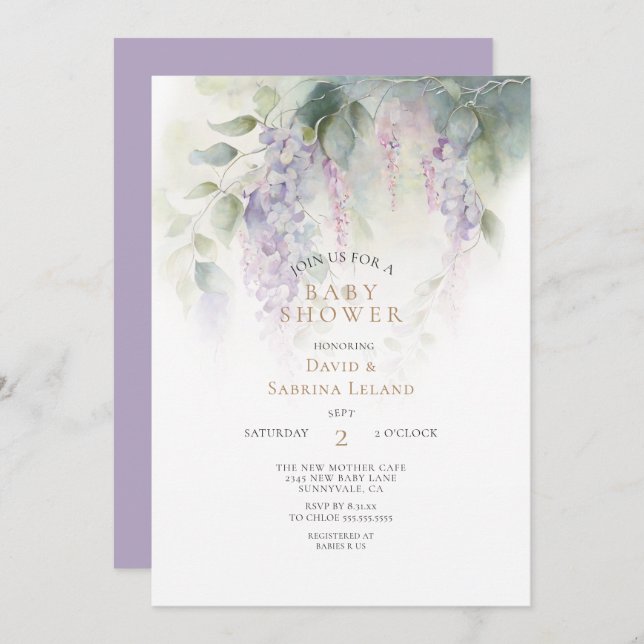 Dreamy Wisteria Watercolor Couple's Baby Shower Einladung (Vorne/Hinten)