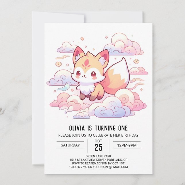 Dreamy Woodland Fox 1. Geburtstag Einladung (Vorderseite)