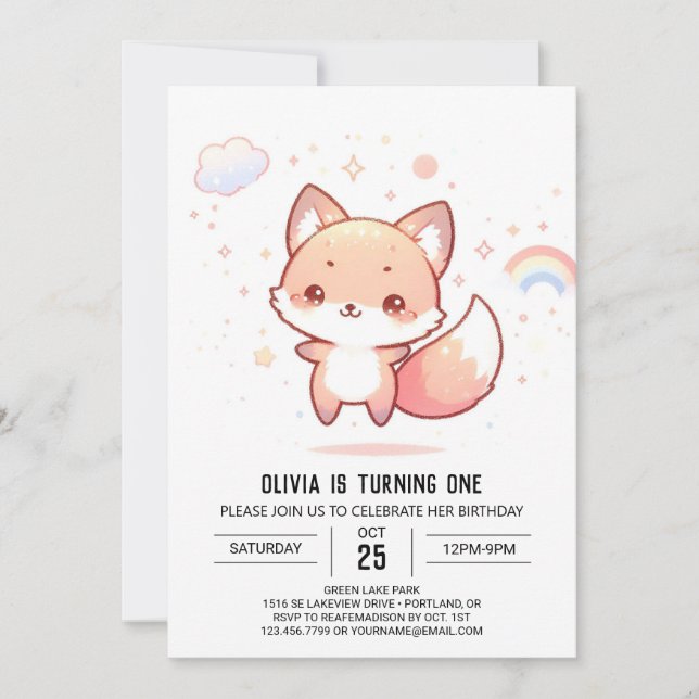 Dreamy Woods Fox 1. Geburtstag Einladung (Vorderseite)