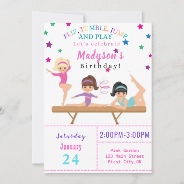 Dreh, Tumble, Jump & Play Bday Einladung (Vorderseite)