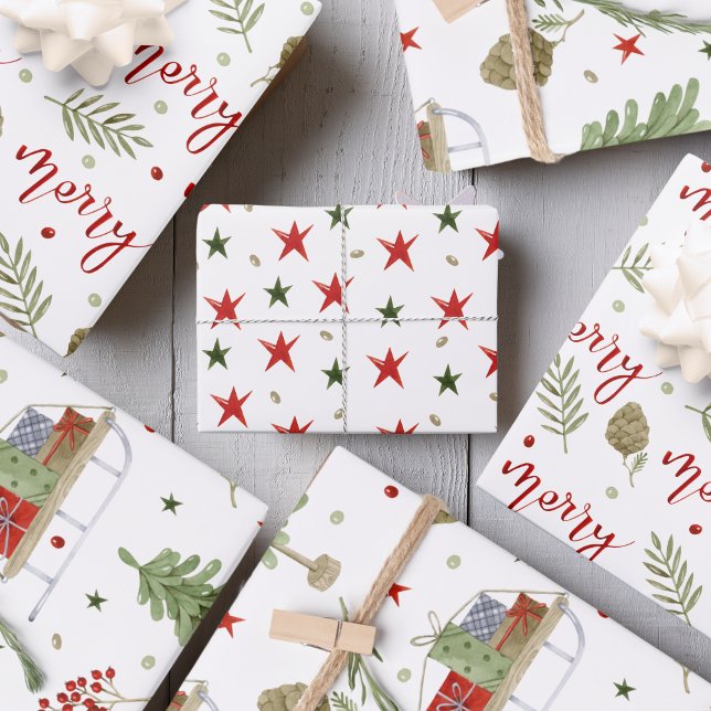 Drehbuch "Merry", gemütliche Schlittenszenen, Ster Geschenkpapier Set ("Merry" script, Cozy Sleigh Scenes, Stars Wrapping Paper Sheets)