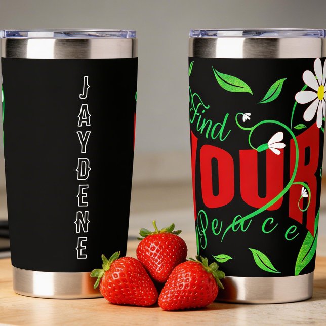 Drehbuchtext mit Reben und Blumen Thermobecher (Affirmation thermal mug with daisies and custom name area. Cute and different.)