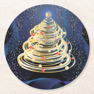 Drehende goldene Schwirbel Moderne Weihnachtsbaum Runder Pappuntersetzer