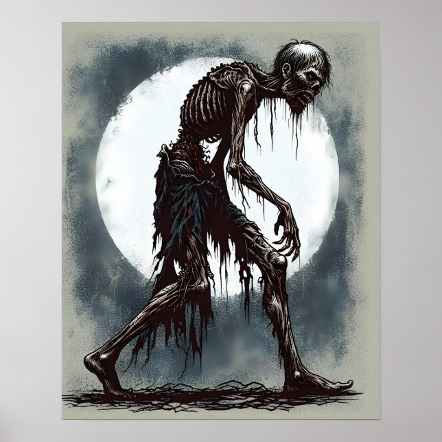 Drehzombie, Vollmond, Beängstigende Illustration Poster (Vorne)