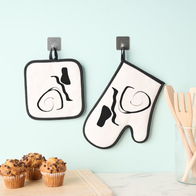 Drehzyklus: Abstrakt Schwarz/Weiß Ofenhandschuh & Topflappen-Set (Insitu (Hängend))