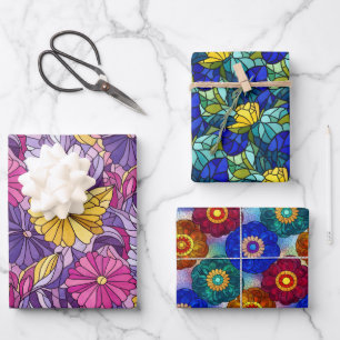 Drei abstrakte Blumenmuster aus Buntglas Geschenkpapier Set