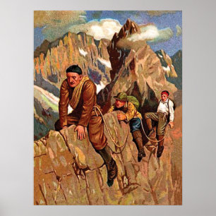 Drei Alpinisten auf dem Berggipfel, lustig Vintag Poster