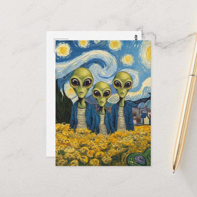 Drei Außerirdischen von Imitats Van Gogh AI Art Postkarte (Vorderseite/Rückseite Beispiel)