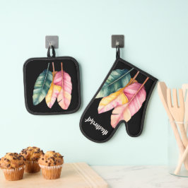 Drei Bananen Blätter in Pastellfarben  Ofenhandschuh & Topflappen-Set