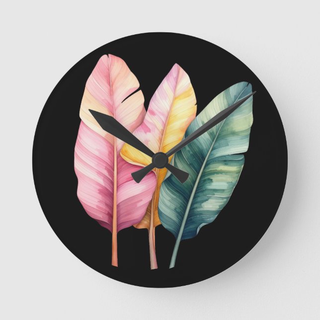Drei Bananen Blätter in Pastellfarben  Runde Wanduhr (Vorderseite)
