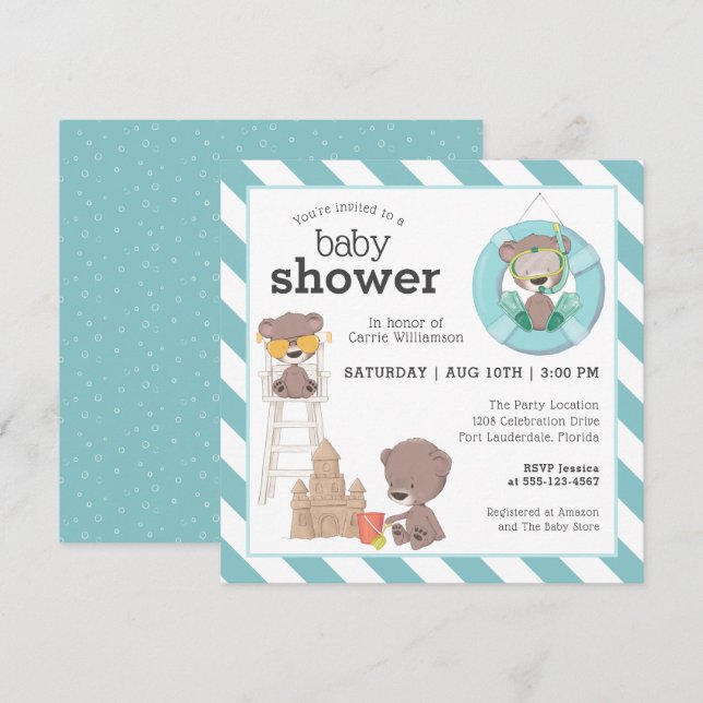 Drei Bären in der Beach Baby Dusche für Junge Einladung (Vorne/Hinten)