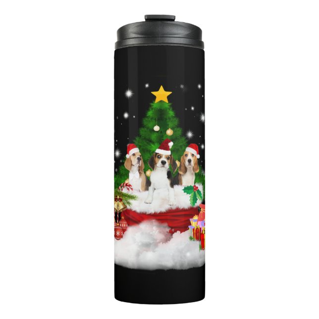 Drei Beagle Weihnachtsmann mit Christbaum Thermosbecher (Vorderseite)