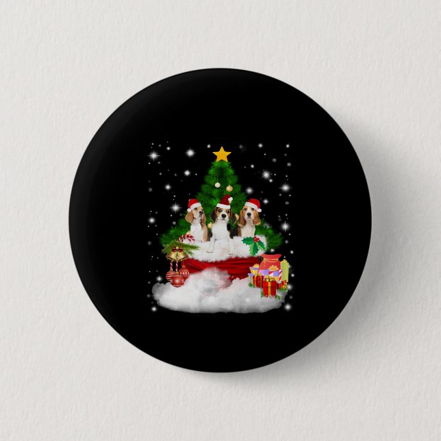 Drei Beagle Weihnachtsmann mit Weihnachtsbaum Button (Vorderseite)