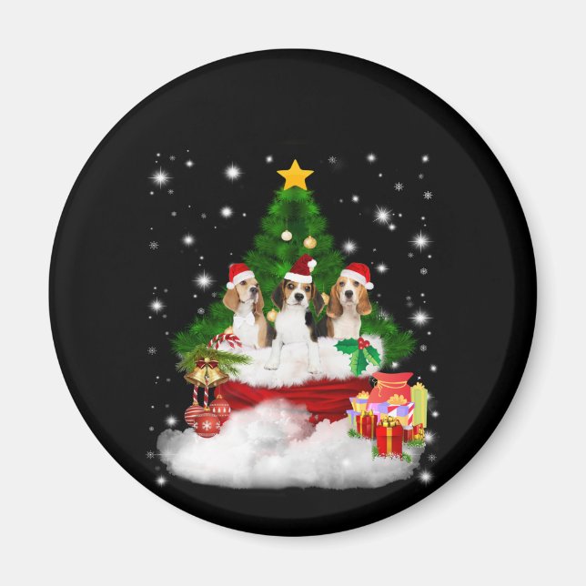 Drei Beagle Weihnachtsmann mit Weihnachtsbaum Magnet (Vorne)