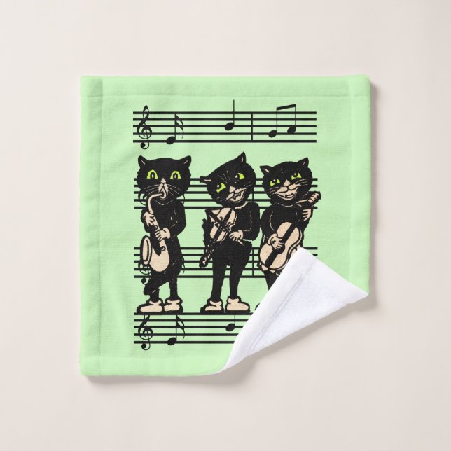 Drei Black Cat Musicians Sheet Green Waschlappen (Waschlappen)